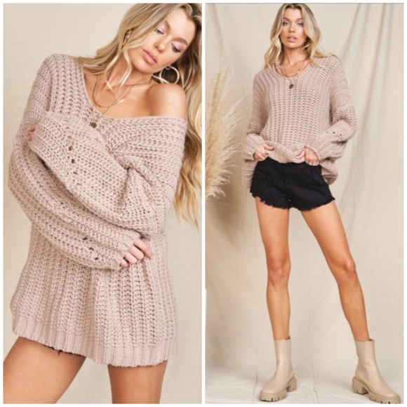 Sweaters - SOLD OUT Mink Chunky Knit Oversized Deep V Drop Shoulder Knit Casual Sweater